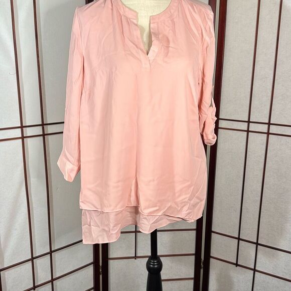 V neck sheer multi layer peachy pink blouse - Picture 1 of 11